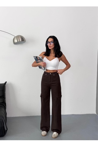 Kadın Kahverengi Baggy Jean Yüksek Bel Kot Pantolon Denim Kumaş Yanlardan Lazerli Kahverengi