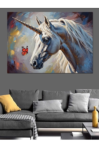 Uçan Kelebekli Beyaz Unicorn Dekoratif Kanvas - Mdf Ahşap Tablo