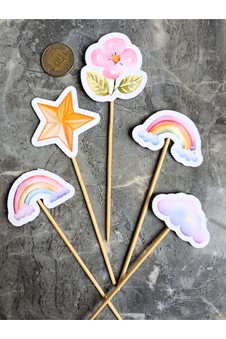 15 Adet Gökkuşağı Bulut Yıldız Pasta Kürdanı Cupcake Pasta Süsü K