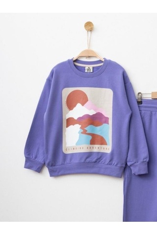 Kız Çocuk Manzara Baskılı Eşofman Takım-14235 Mor