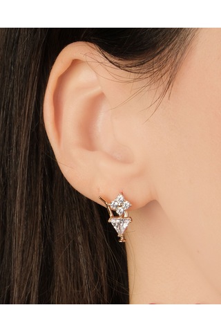 Kadın Kararmaz Çelik Lüks Takı Üçgen Zirkon Taşlı Yonca Küpe Altın