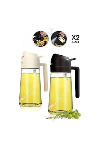 2'li Bambu Stantlı Çift Fonksiyonlu Sprey Dökme Cam Yağdanlık 450ml Sıvıyağ Şişesi Airfryer Yağlık Siyah Beyaz