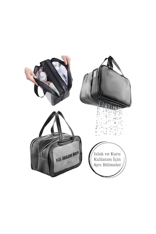 Şeffaf Çift Bölmeli Seyahat Makyaj Organizeri Kozmetik Çantası - Siyah Xl