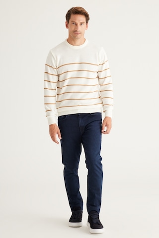 AC&Co / Altınyıldız Classics Erkek Ekru Karamel Standart Fit Normal Kesim Bisiklet Yaka Çizgili Triko Ekru