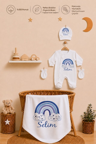 Pia Baby Kişiye Özel Erkek Bebek Tulum Set 4 Parça %100 Pamuk İsimli Organik Baskılı Battaniyeli 1101btyx Krem