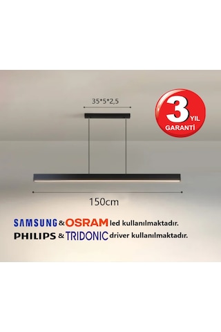 Linear 150cm Siyah Kasa Ledli Sarkıt Modern Led Avize, Salon, Mutfak, Masa Üstü Avize Aydınlatma Doğal