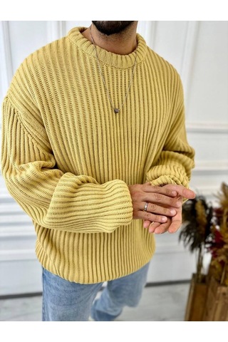 Elku Moda Oversize Kazak Bol Kesim Tüylenmeyen Salaş Triko Kazak Hardal