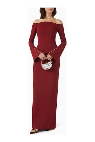 Eegen Studio Louisa Maxi Dress - Off - Shoulder, Düğmeli Kollu, Sırt Yırtmaçlı, Şık Tasarım Elbise Kırmızı
