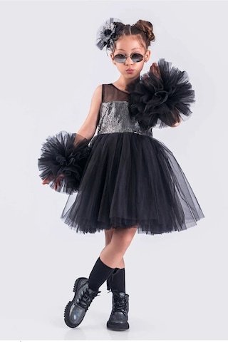Kız Çocuk Abiye Elbise Ponpon Kol Pul Payetli Tütülü Siyah - Gr