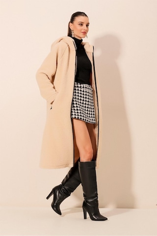 Bigdart9132 Kapüşonlu Peluş Kaban - Krem 001