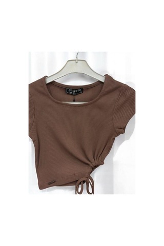 Zekids Kız Çocuk Crop Yandan Pencereli Bluz-14395 Kahverengi