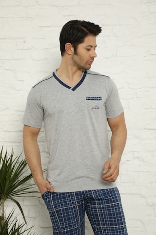 Alimer Erkek V Yaka Ekose Desen %100 Pamuk Kısa Kol Cepli Pijama Takımı Gri