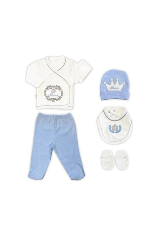 Sema Baby Prens Lüks 5 Parça Hastane Çıkışı Zıbın Seti - Mavi Beyaz