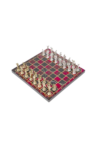 Lüks Metal Satranç Takımı Krom Kaplama Pegasus Atları & Alev Mermer Desenli Kırmızı Tahta 20 Cm.