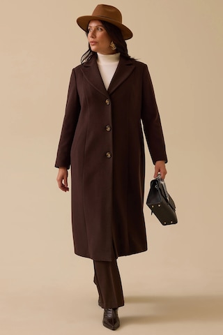 Galaxi Kadın Büyük Beden Astar Desenli Cepli Kaşe Kaban 4003 Kahverengi Kahverengi