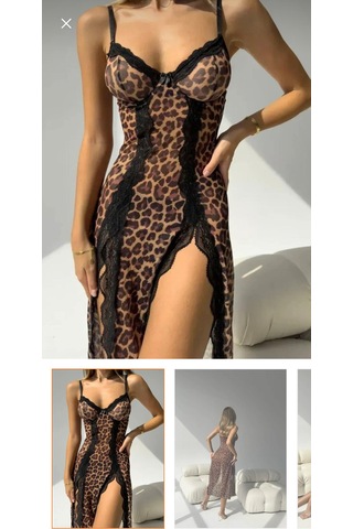 Trend Dokunuş Kadın Tangalı Leopar Desenli Dantel Detaylı Uzun Yırtmaçlı Askılı Romantik Gecelik