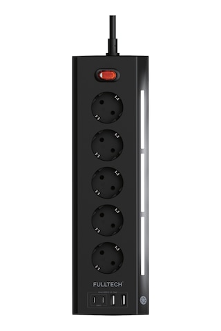 Fulltech FTR-26 Akım Korumalı Priz Siyah 9’lu (5 Priz + 2 USB-A + 2 USB-C) 3680W 16A, 2 Metre Kablolu, Gece Lambalı Çoklu Priz -