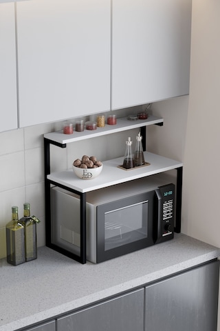 Akik 2 Raflı Metal Çok Amaçlı Mutfak Rafı / Tezgah Üstü Raf Siyah Metal - Beyaz Tabla Beyaz