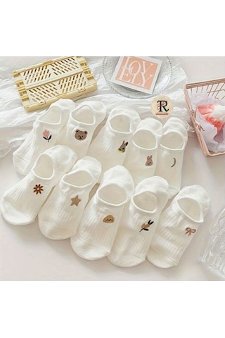 Trampler Çiçekli Hayvan Desenli Görünmez Kadın Babet Çorap 10'lu Beyaz Krem