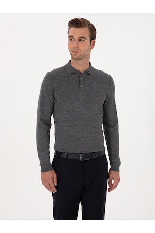Cacharel Füme Slim Fit Yün Karışımlı Polo Yaka Basic Triko Kazak Gri