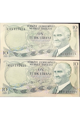 6. Emisyon 10 Türk Lirası. 2 Adet Değışık Harf Eski Koleksiyon Kağıt Para. Hobi Kağıt Para.