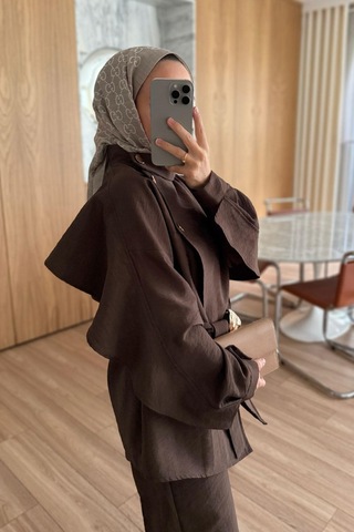 Omuz Düğmeli Trenç Takım - Kahverengi Kahverengi