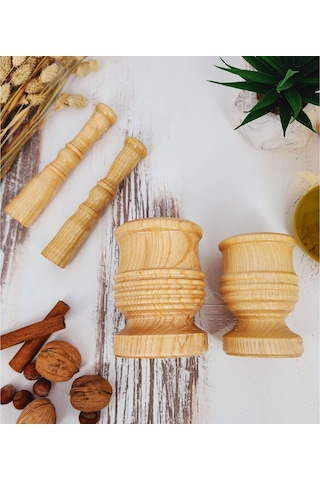 El Yapımı Ahşap Ağaç Havan Sarımsak Döveceği Lüx 8-10 Luk 2li Set