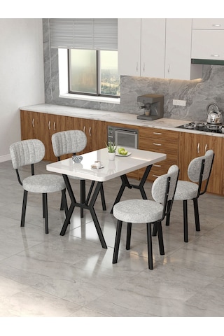 Azra 70x110cm Beyaz Mutfak Masası, Mutfak Masası Takımı, Yemek Masası, 4 Açık Gri Sandalye Açık Gri
