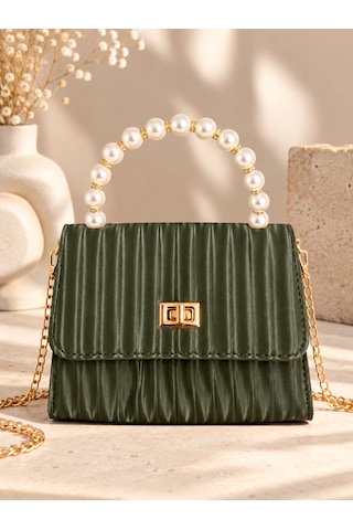Elpida Bags Haki Incili Omuz Çantası - Kartlık, Cep Aynası, Saç Tokası & Kişiye Özel Charm Hediye Seti