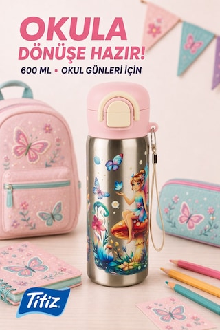 Siply Desenli Paslanmaz Çelik Okul Matarası 600ml Pembe Toz pembe