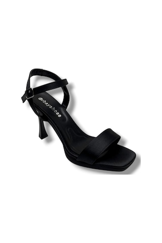Erbay 600-26 Parlak Saten Tek Bant Orta Topuk Kadın Sandalet 10cm Siyah