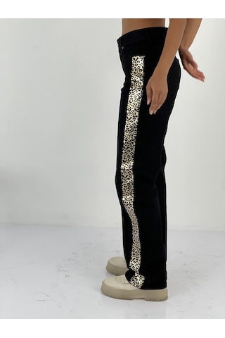 Miss Poem Kadın Yanları Leopar Desenli Denim Siyah Kot Pantolon Siyah