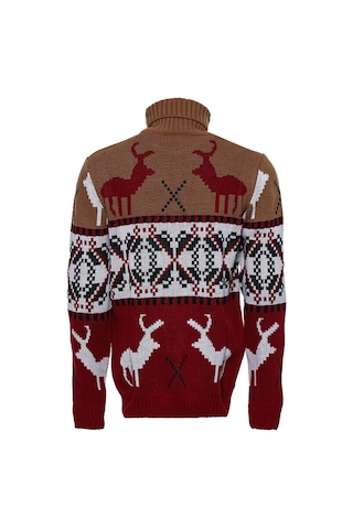 Geyik Desenli Yılbaşı Temalı Balıkçı Yakalı Kırmızı Bej Erkek Triko 001