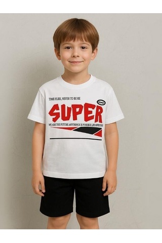 Çocuk Super Yazılı Pamuklu Oversize T-shirt-16016 Beyaz