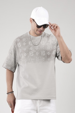 King-Brich Oversize Kalıp Logo Baskılı Bisiklet Yaka Basic Tişört Gri