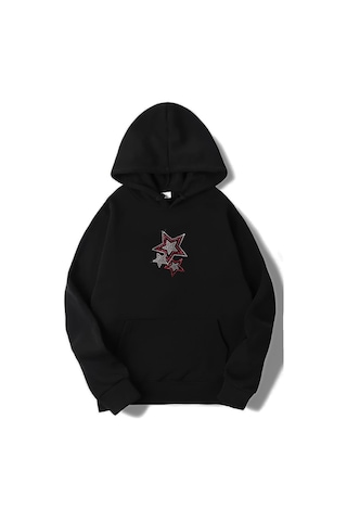 Brz Collection Unisex Oversize Taş Baskılı Renkli Yıldızlı Hoodie Siyah