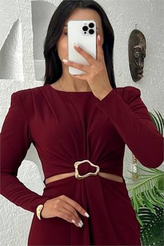 Neşeli Butik Kadın Bel Dekolteli Toka Detaylı Uzun Kollu Elbise Nbmy3655 Bordo