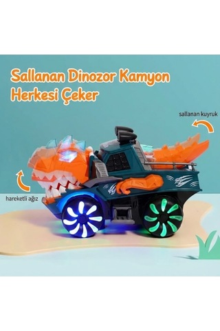 Turuncu-yeşil Hareketli Dinozor Oyuncak Araba - Işıklı, Müzikli, Çarp Dön Özellikli T-rex Kamyon 2 Yaş+ Çok Renkli
