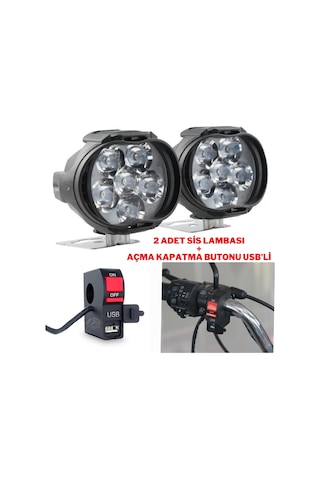 2 Adet 6 Ledli Motosiklet Scooter Uyumlu Led Sis Farı Çakar Ve Sabit Mod Açma Kapatma Tuşlu