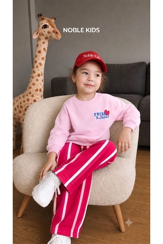 Superbaby Noble Kids Pembe "fresh & Juicy" Baskılı 3 İplik Şardonsuz Rahat Kesim Çocuk Takımı
