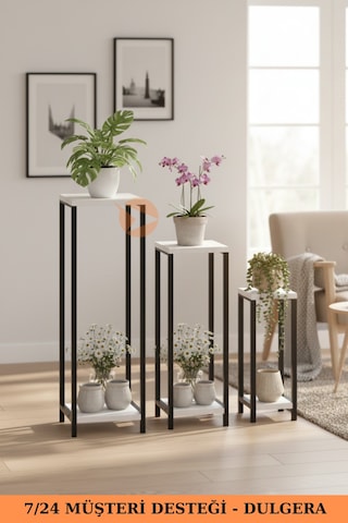 Flora Dekoratif 3'lü Metal Çiçeklik Saksı Standı & Yan Sehpa Seti - Modern Bahçe Balkon Çiçek Rafı