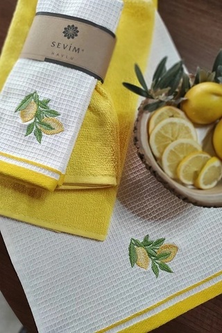 2 Li Mutfak Havlusu Sarı Renk & Limon Figürlü Kurulama Bezi - Yumuşak & Nakışlı Havlu Takımı Sarı