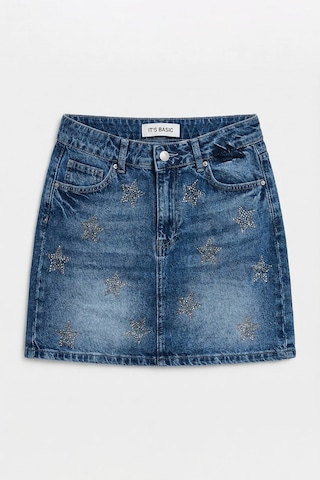 it's basic Kadın Mavi T-4s6-4 Straight Mini Parlak Yıldız Taşlı Özel Tasarım Denim Etek