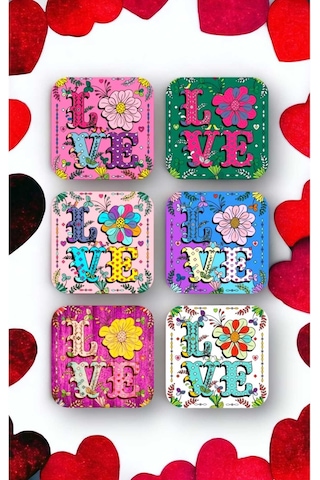 Love Aşk Temalı Ahşap Bardak Altlığı Seti 6 Adet Ahşap