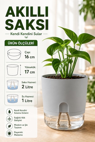 Akıllı Saksı Kendinden Sulamalı Fitilli Modern Dekoratif Saksı 2 Litre 07092104