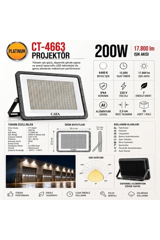 200w Slim Led Projektör Cata Ct-4663b - Beyaz Işık 6400k