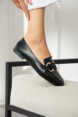 Zenneshoes Kadın Siyah Deri Babet Siyah 6 Cm