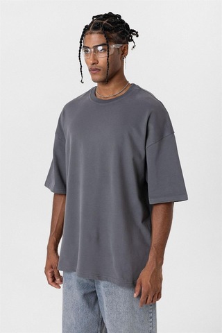 Vamos Basic Oversize Bisiklet Yaka Tişört Füme