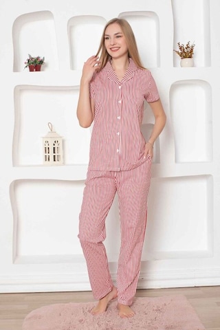 Monox Kadın Önden Düğmeli Kısa Kol Likralı Çizgili Gömlek Pijama Takımı Kırmızı