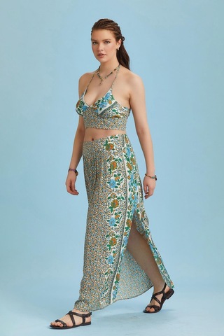 Arka Bel Lastikli Derin Yırtmaçlı Çiçek Desenli Etek 001